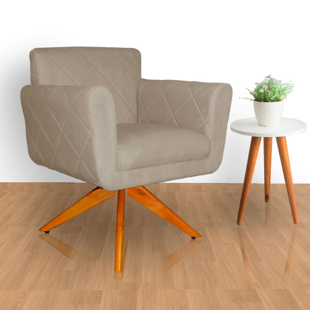 Poltrona Decorativa Isabela em Tressê Pés Madeira Giratório Suede Capuccino - DS Estofados