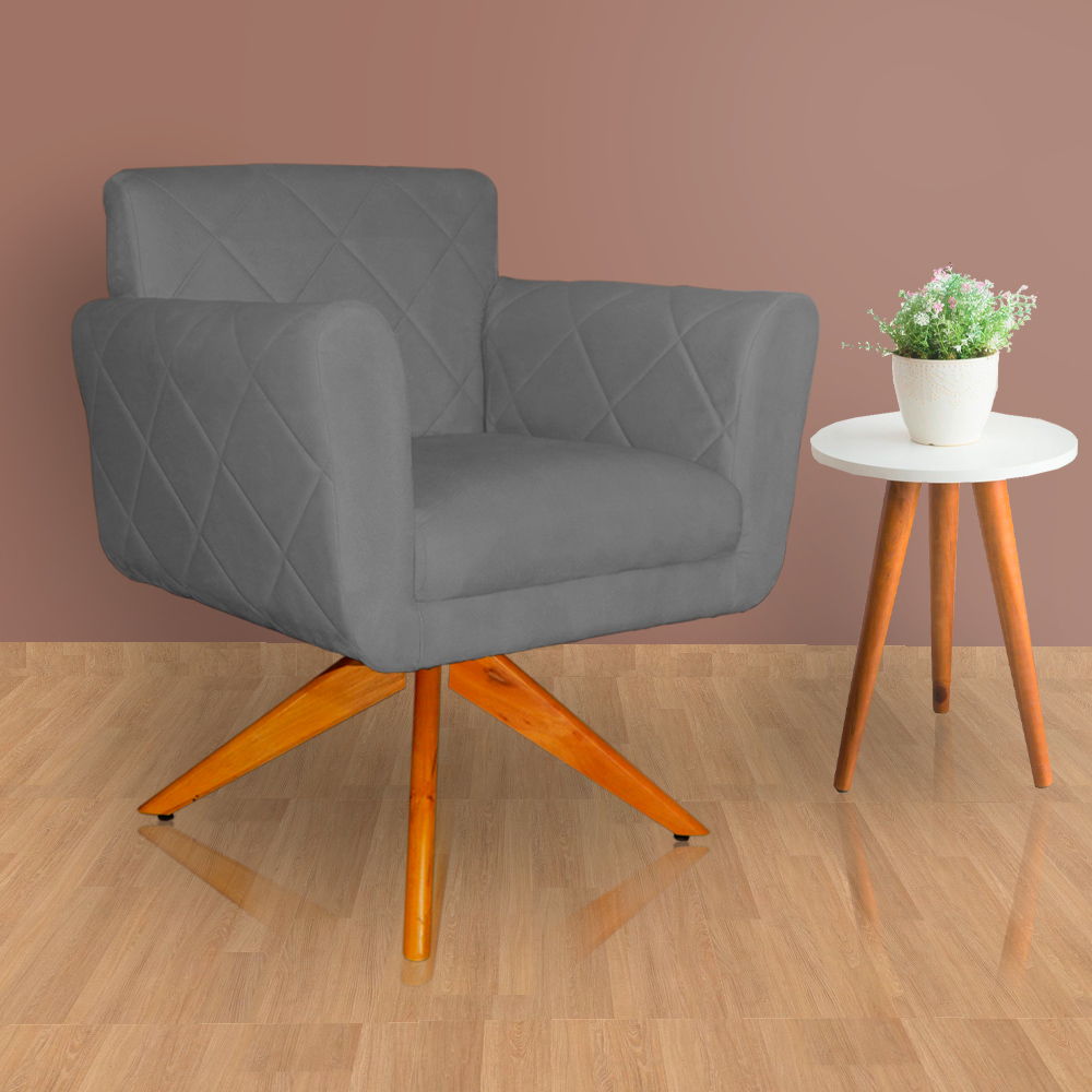 Poltrona Decorativa Isabela em Tressê Pés Madeira Giratório Suede Cinza - DS Estofados