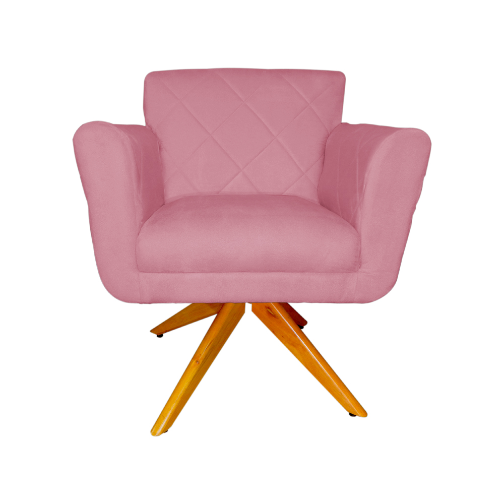 Poltrona Decorativa Isabela em Tressê Pés Madeira Giratório Suede Rosa - DS Estofados