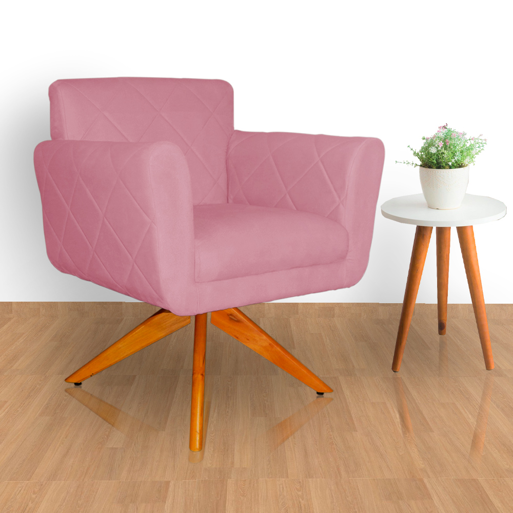 Poltrona Decorativa Isabela em Tressê Pés Madeira Giratório Suede Rosa - DS Estofados