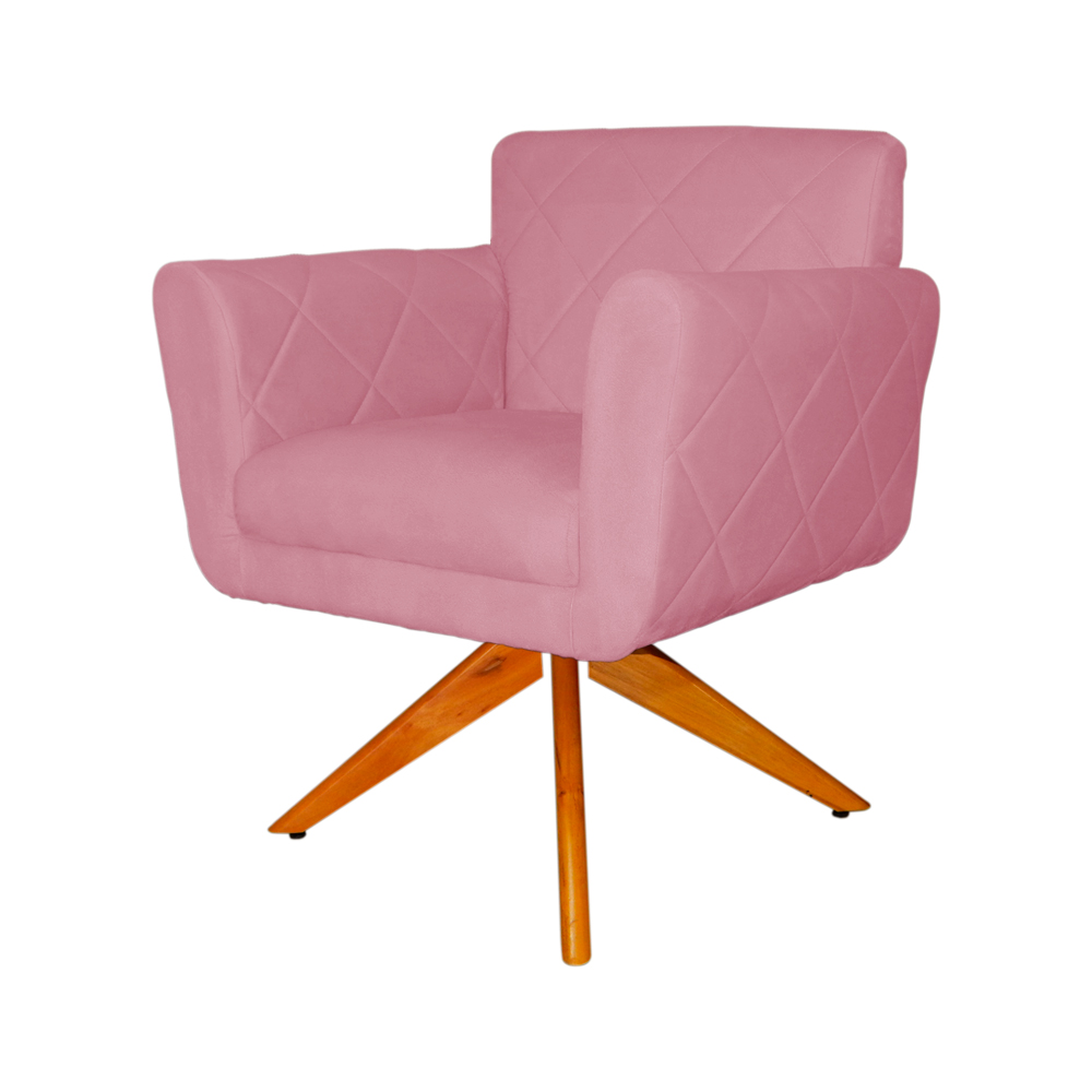 Poltrona Decorativa Isabela em Tressê Pés Madeira Giratório Suede Rosa - DS Estofados