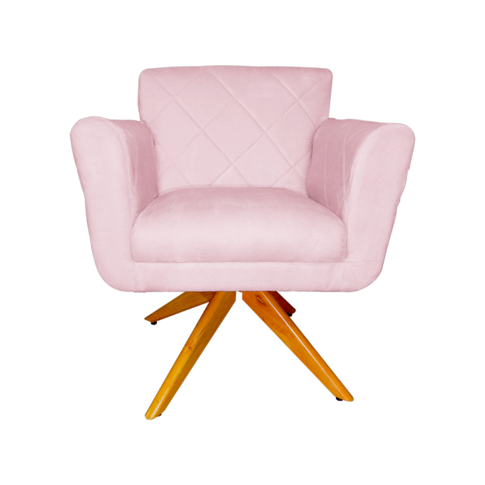 Poltrona Decorativa Isabela em Tressê Pés Madeira Giratório Suede Rosa Bebê - DS Estofados