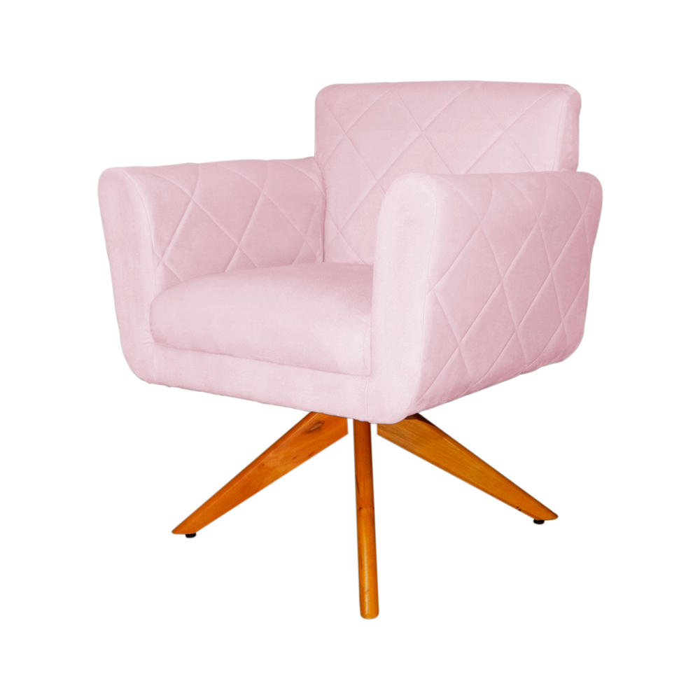 Poltrona Decorativa Isabela em Tressê Pés Madeira Giratório Suede Rosa Bebê - DS Estofados