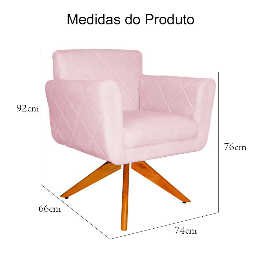 Poltrona Decorativa Isabela em Tressê Pés Madeira Giratório Suede Rosa Bebê - DS Estofados