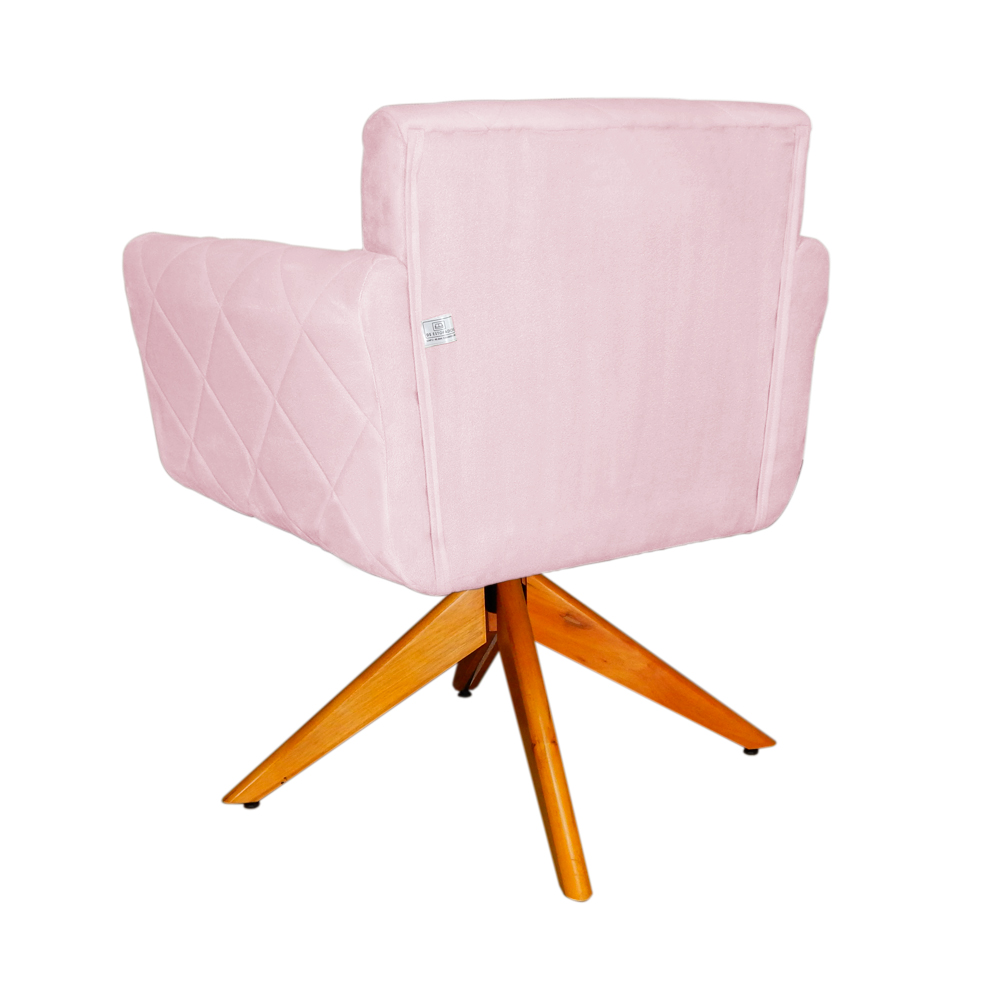Poltrona Decorativa Isabela em Tressê Pés Madeira Giratório Suede Rosa Bebê - DS Estofados