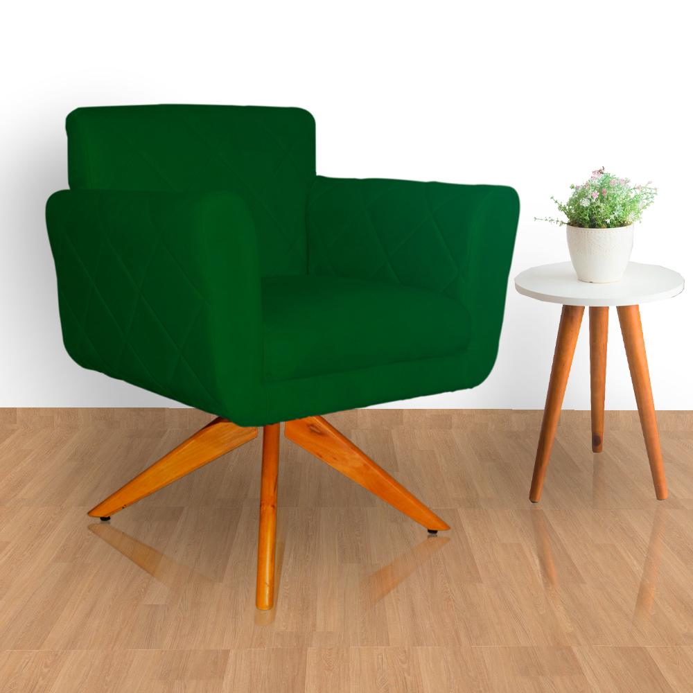 Poltrona Decorativa Isabela em Tressê Pés Madeira Giratório Suede Verde - DS Estofados