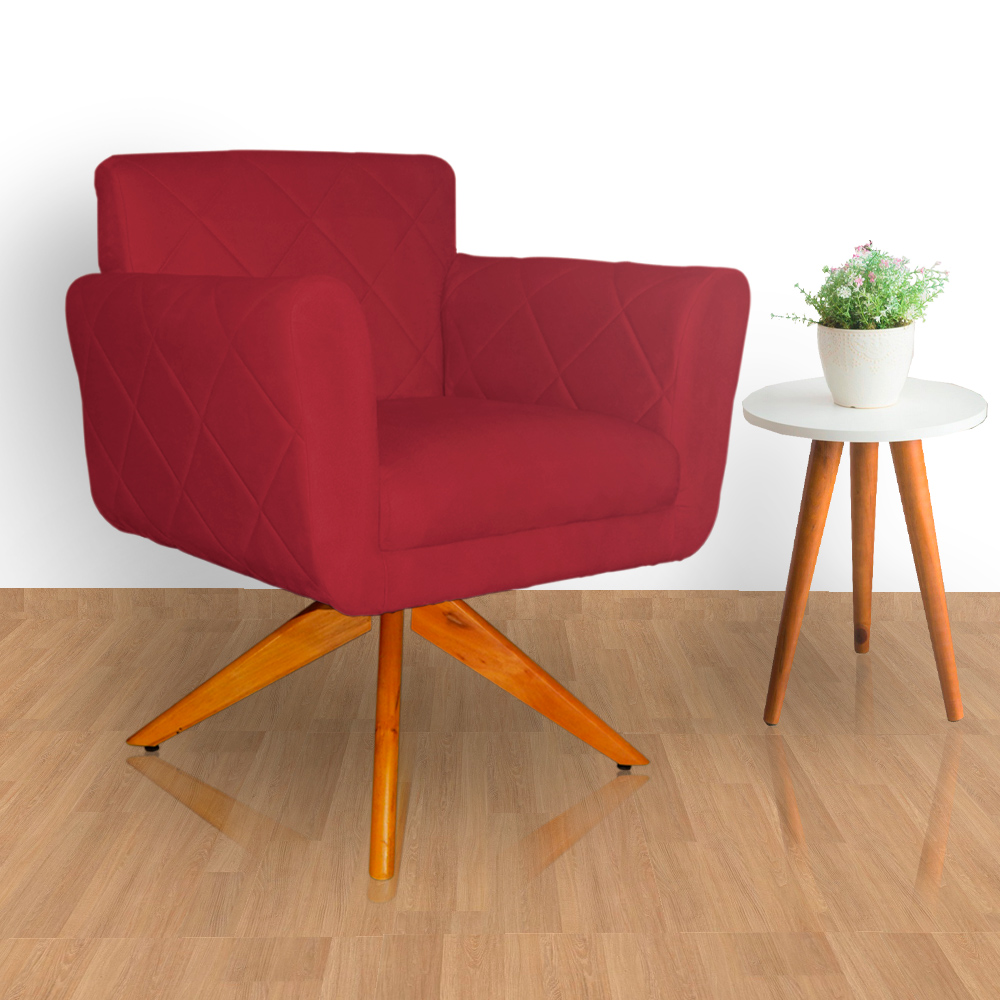 Poltrona Decorativa Isabela em Tressê Pés Madeira Giratório Suede Vermelho - DS Estofados