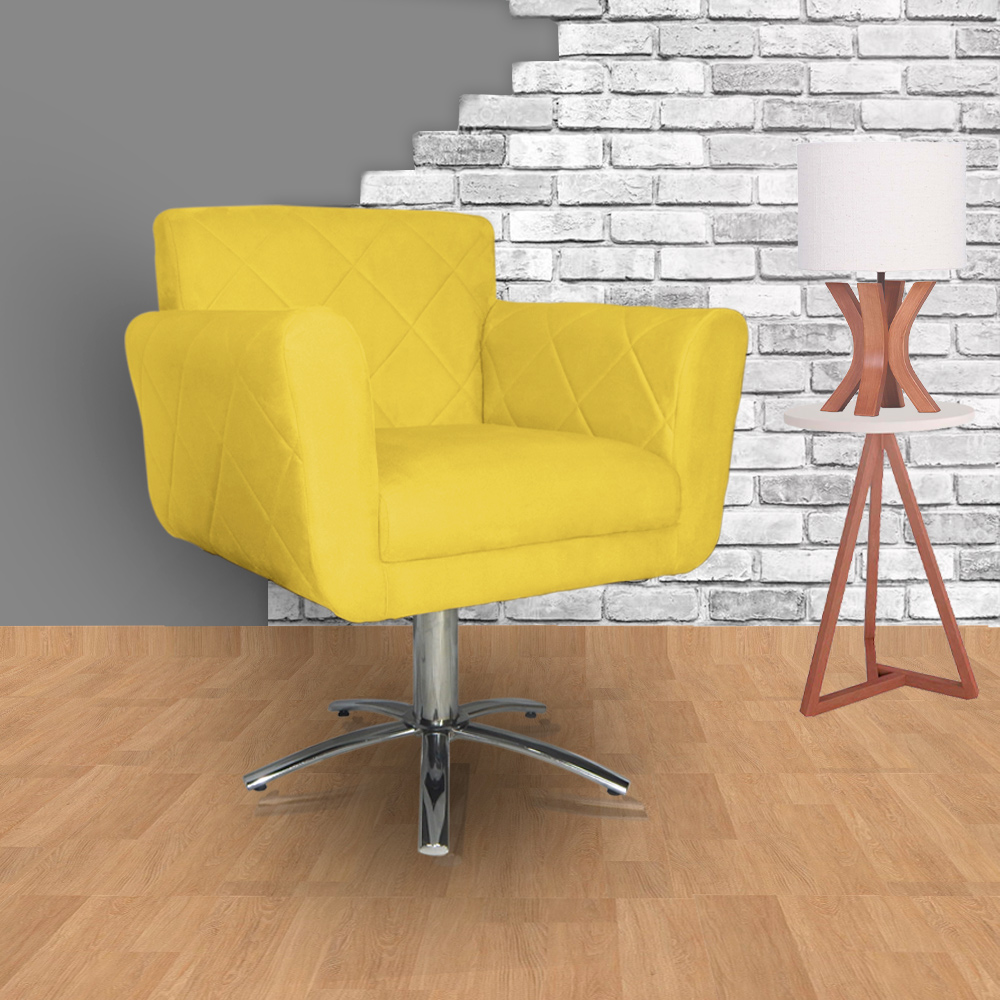 Poltrona Decorativa Isabela em Tressê Pés Metal Giratório Suede Amarelo - DS Estofados