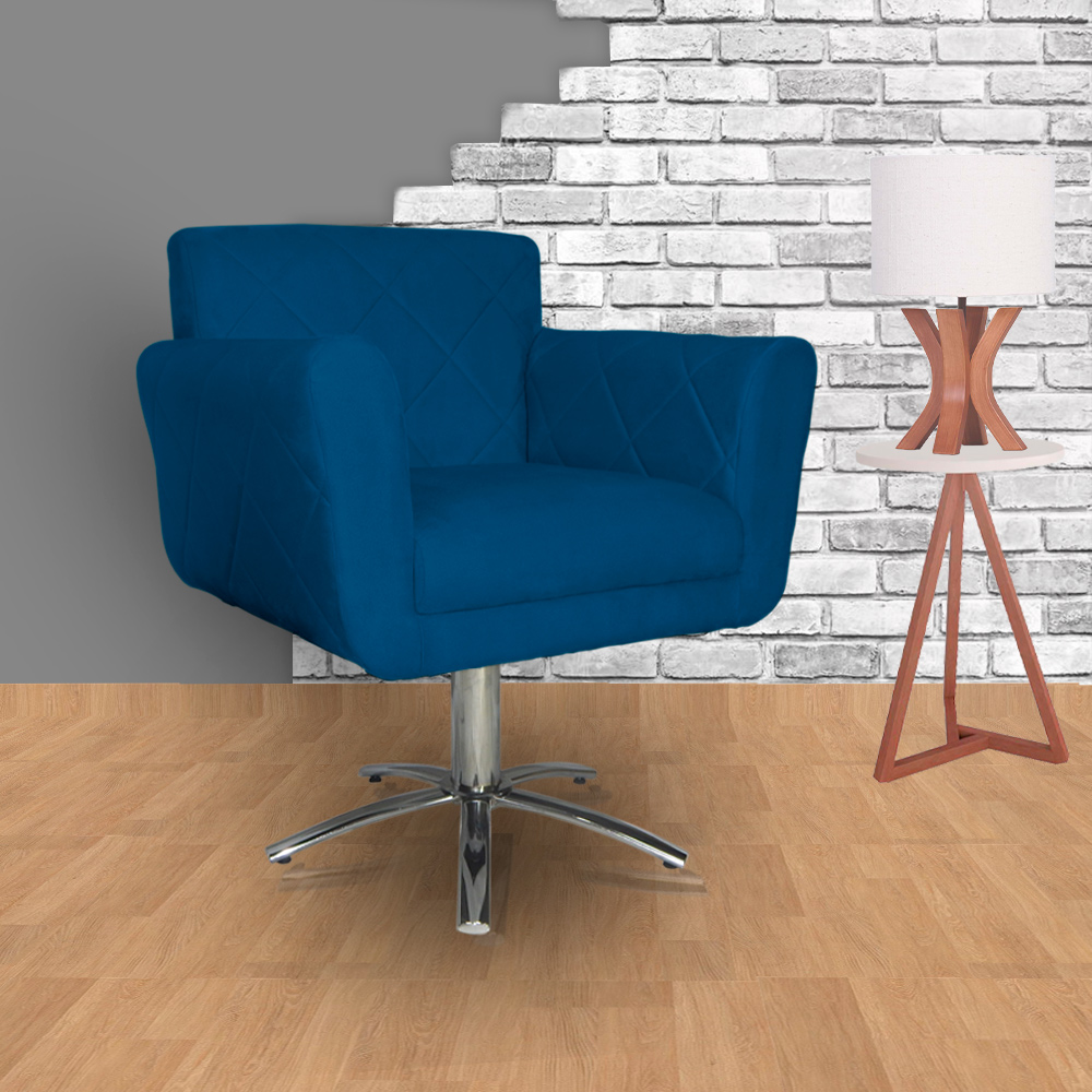 Poltrona Decorativa Isabela em Tressê Pés Metal Giratório Suede Azul Royal - DS Estofados