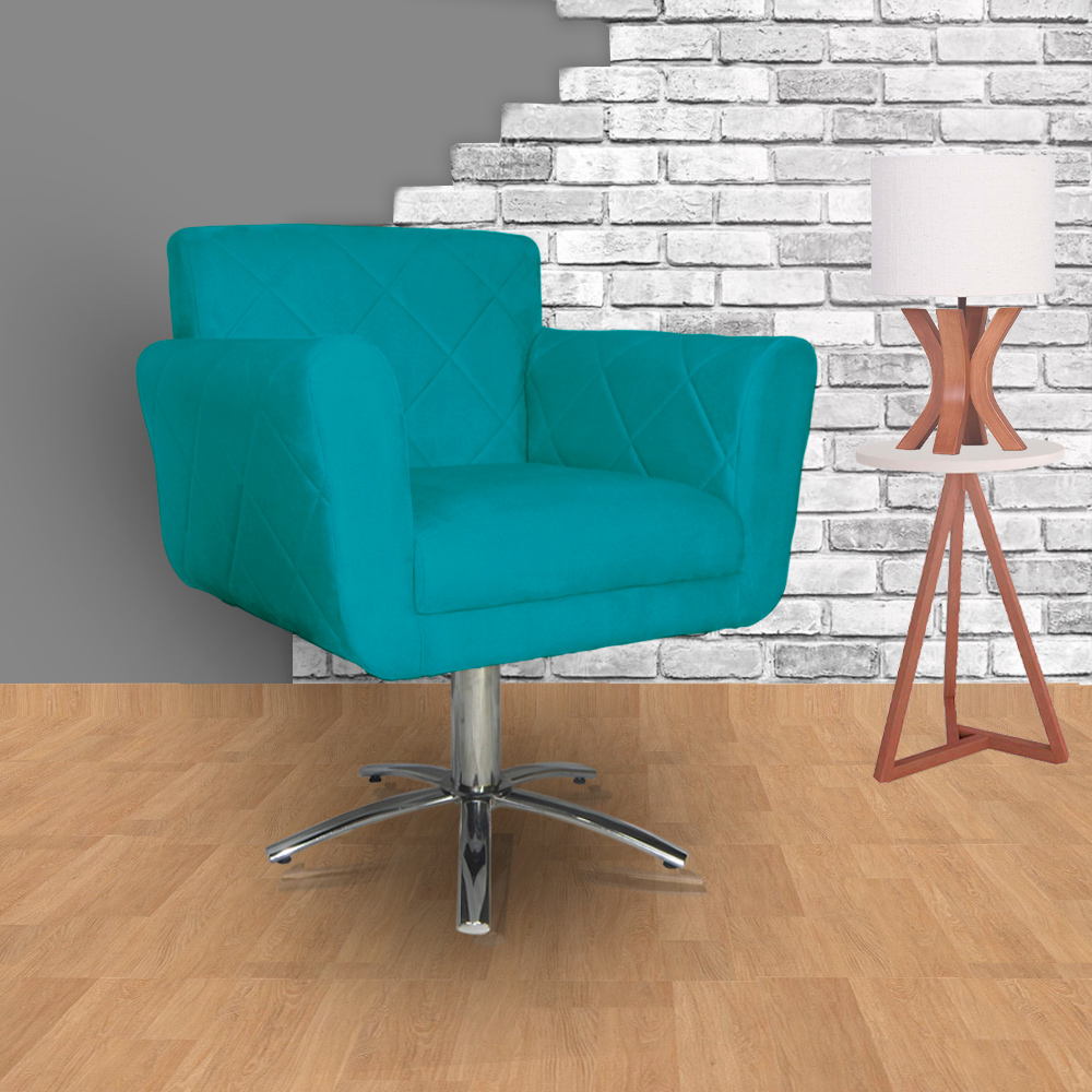 Poltrona Decorativa Isabela em Tressê Pés Metal Giratório Suede Azul Turquesa - DS Estofados