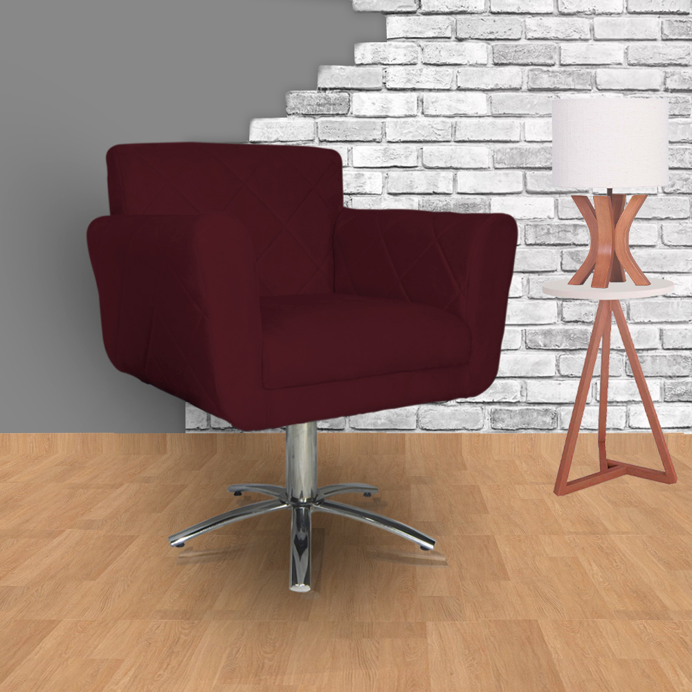 Poltrona Decorativa Isabela em Tressê Pés Metal Giratório Suede Bordô - DS Estofados
