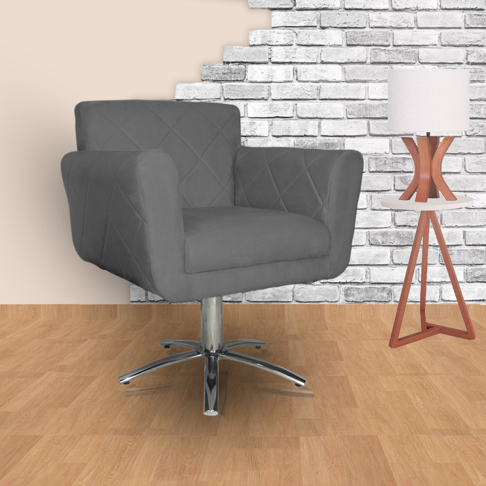 Poltrona Decorativa Isabela em Tressê Pés Metal Giratório Suede Cinza - DS Estofados