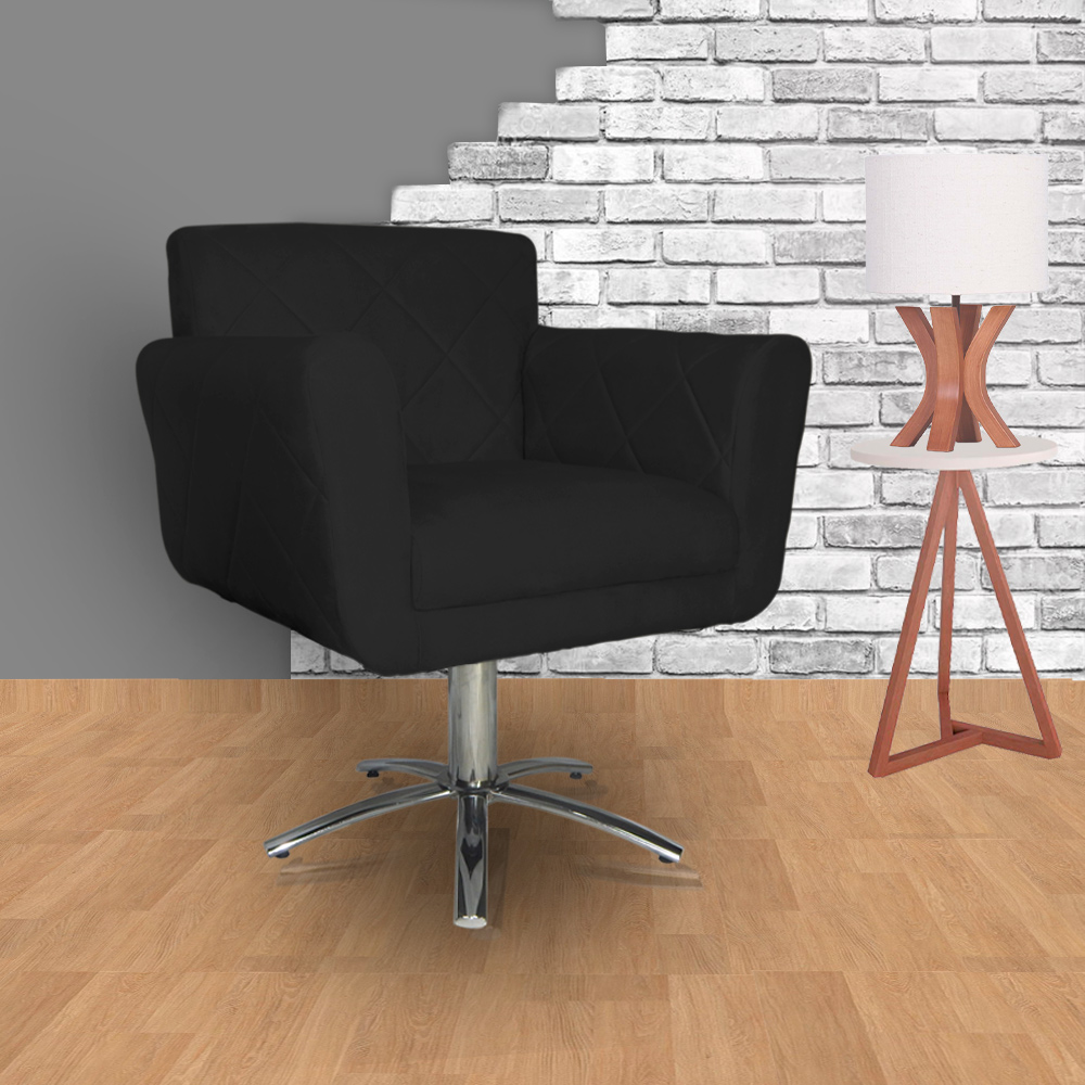 Poltrona Decorativa Isabela em Tressê Pés Metal Giratório Suede Preto - DS Estofados