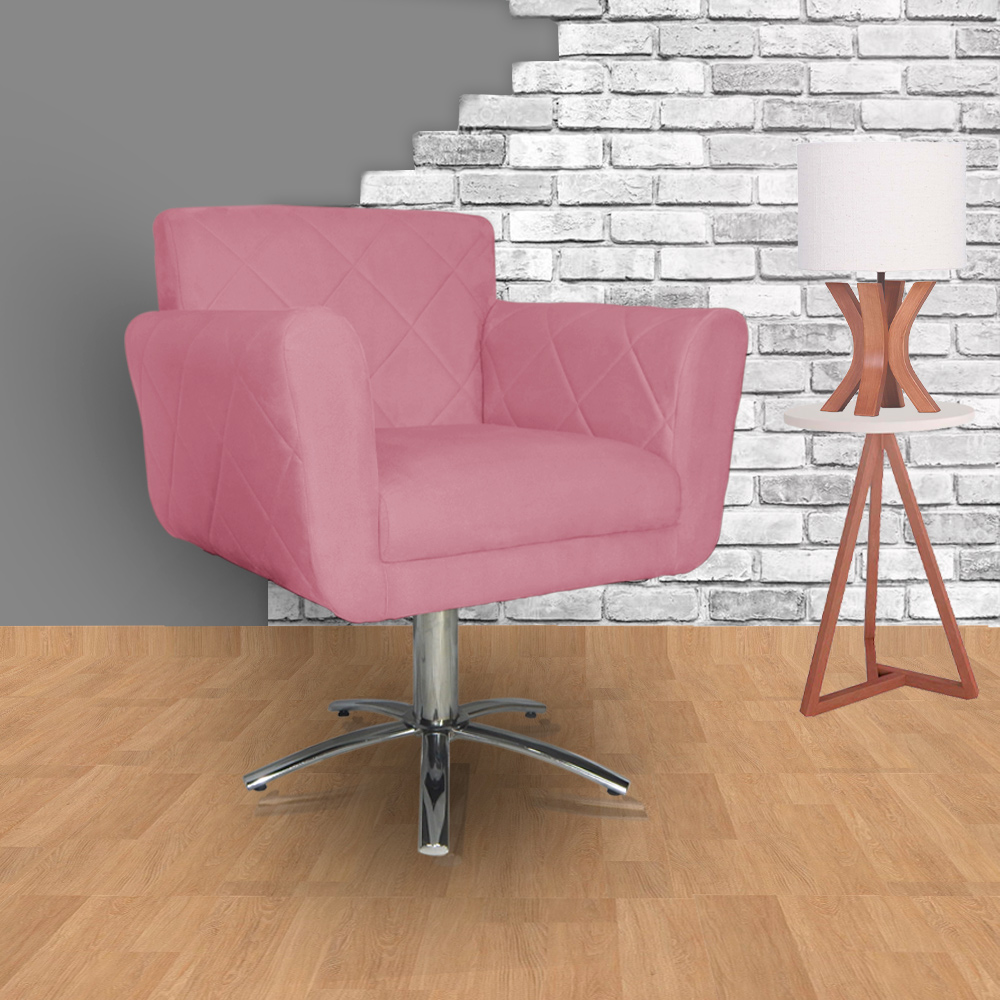Poltrona Decorativa Isabela em Tressê Pés Metal Giratório Suede Rosa - DS Estofados