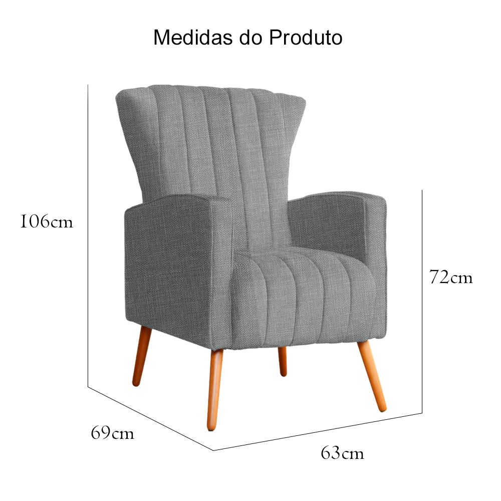 Poltrona Decorativa Melinda Pés Palito Linho Cinza