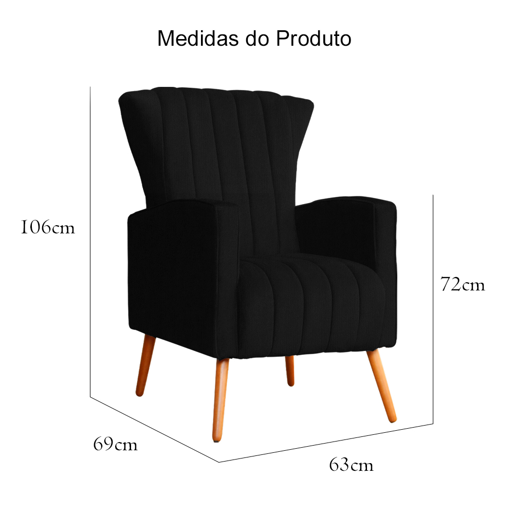 Poltrona Decorativa Melinda Pés Palito Suede Preto