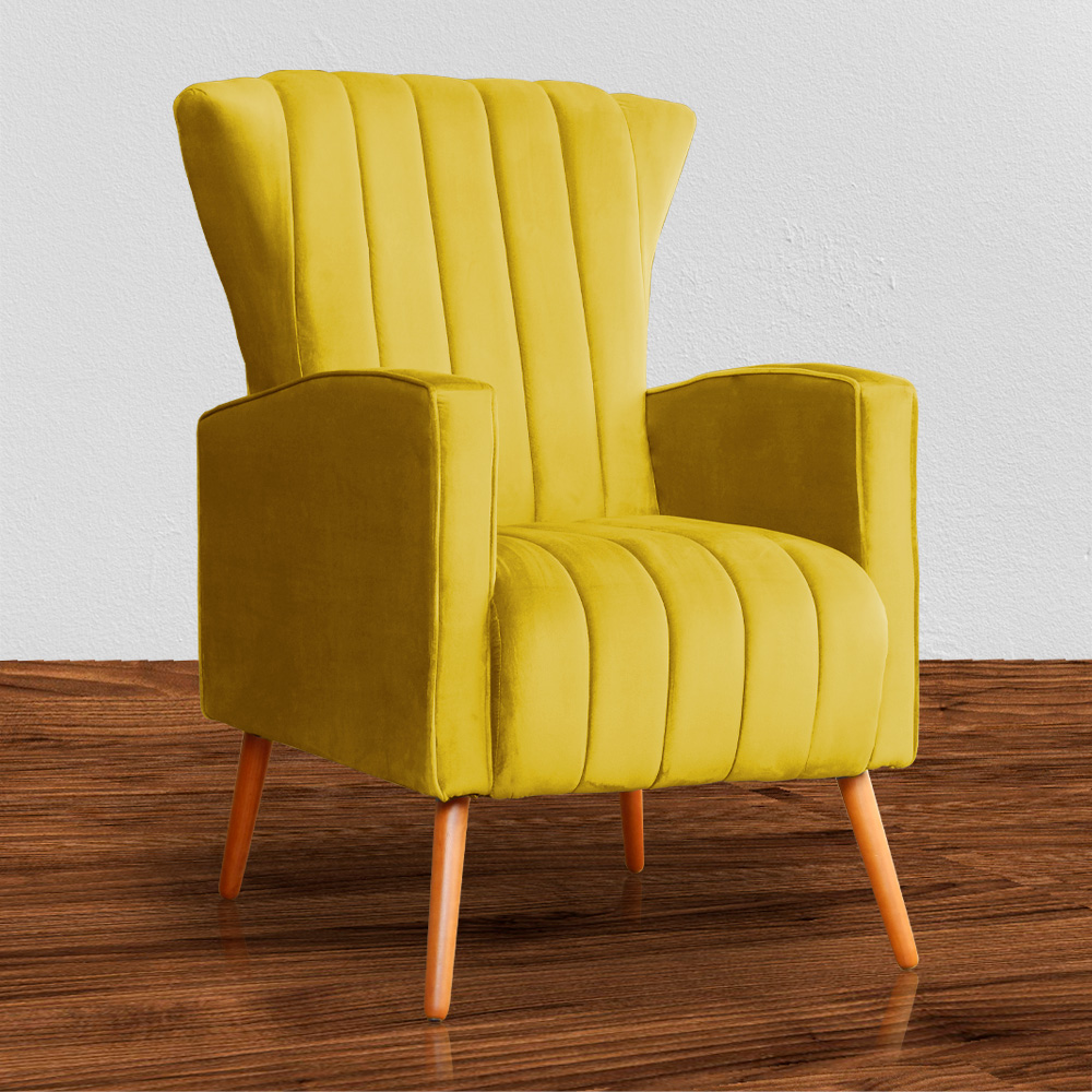 Poltrona Decorativa Melinda Pés Palito Veludo Amarelo