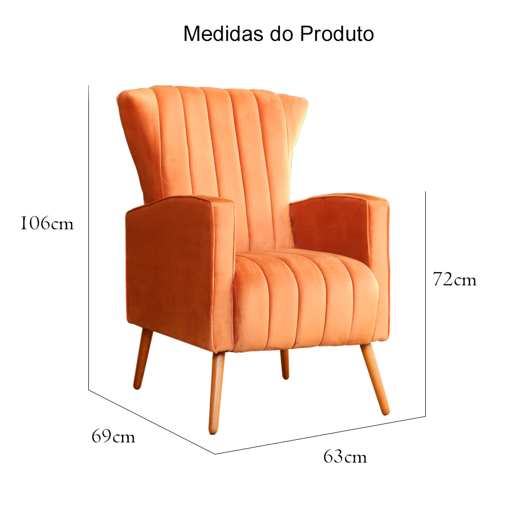 Poltrona Decorativa Melinda Pés Palito Veludo Laranja