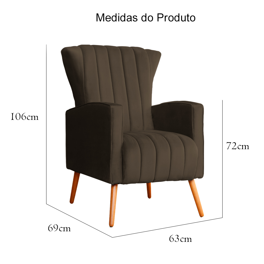 Poltrona Decorativa Melinda Pés Palito Veludo Marrom