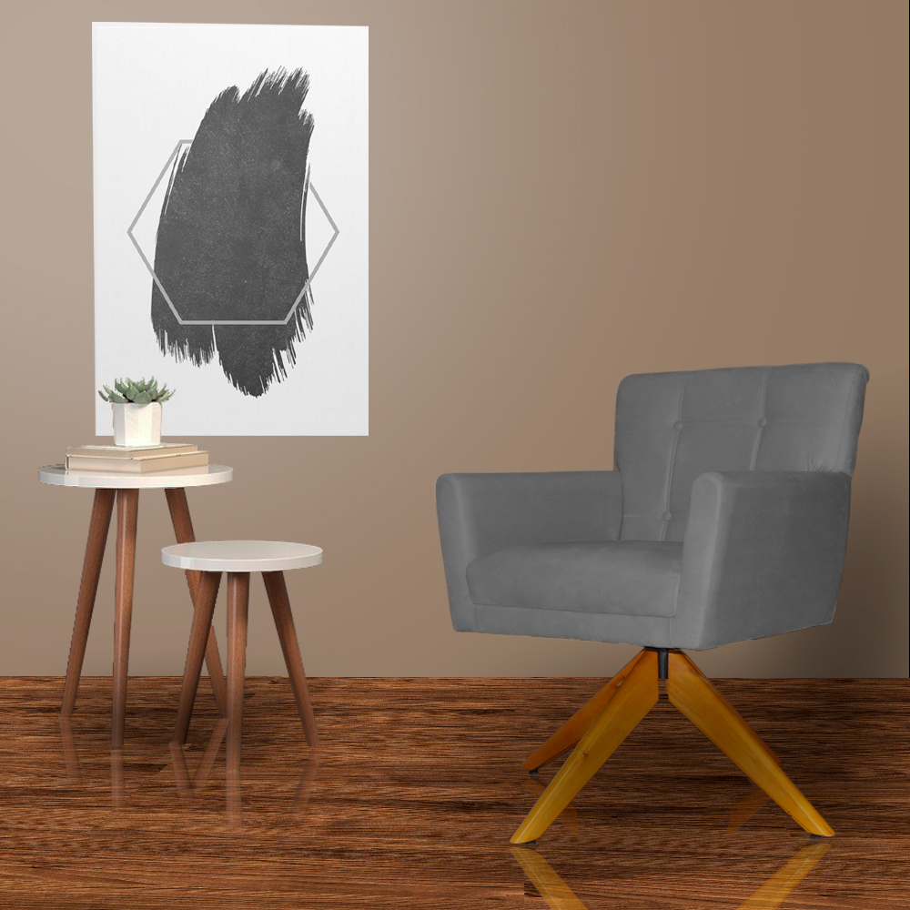 Poltrona Decorativa Onix Pés Giratório de Madeira Suede Cinza