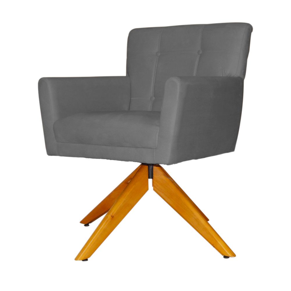 Poltrona Decorativa Onix Pés Giratório de Madeira Suede Cinza