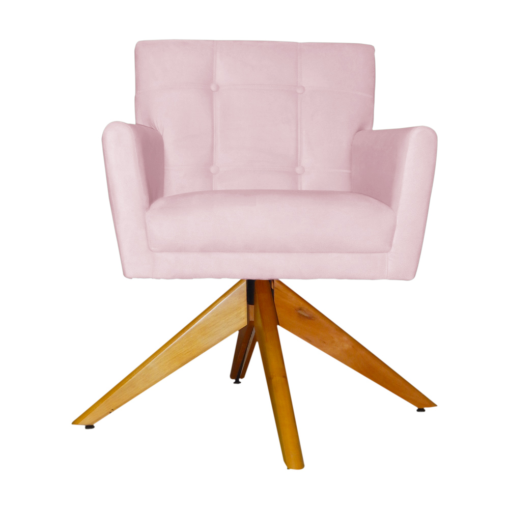 Poltrona Decorativa Onix Pés Giratório de Madeira Suede Rosa Bebê