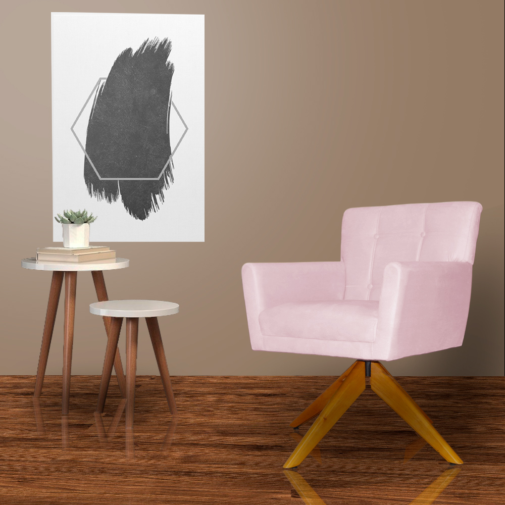 Poltrona Decorativa Onix Pés Giratório de Madeira Suede Rosa Bebê