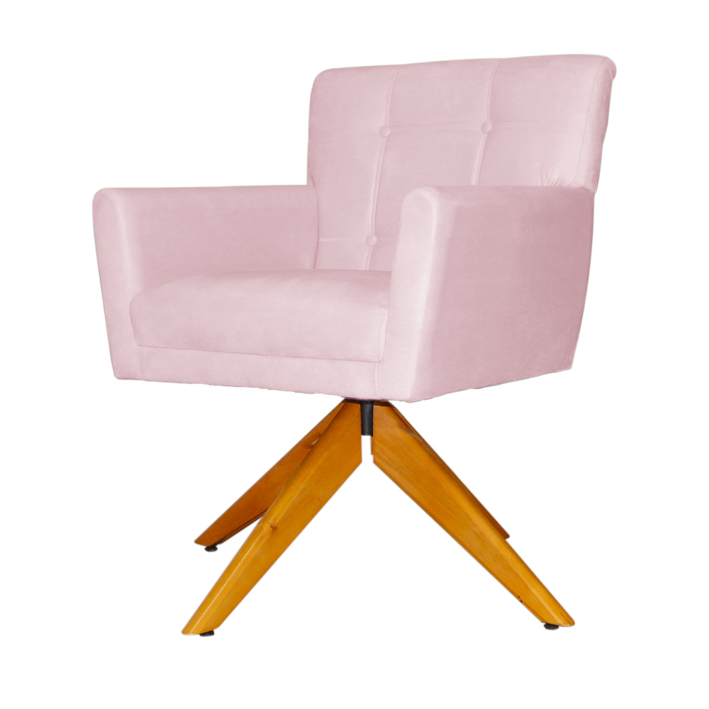 Poltrona Decorativa Onix Pés Giratório de Madeira Suede Rosa Bebê