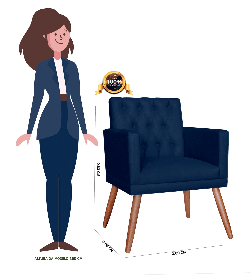Poltrona Decorativa Pés Palito Nina Encosto Estilo Capitonê Azul Marinho - DS Móveis