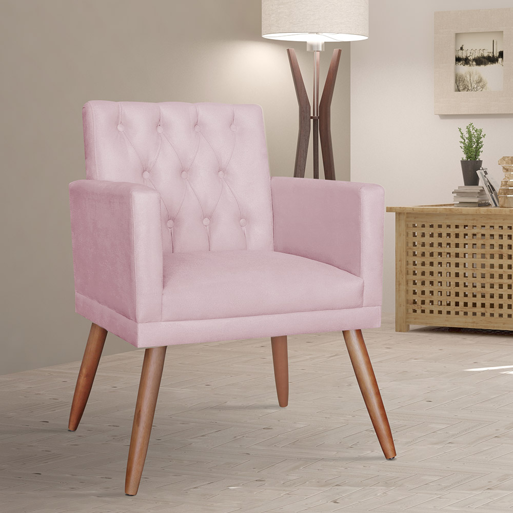 Poltrona Decorativa Pés Palito Nina Encosto Estilo Capitonê Rosê - DS Estofados