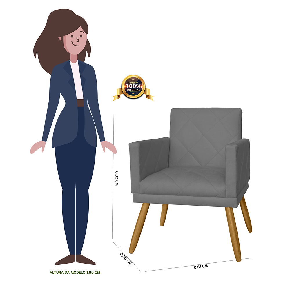 Poltrona Decorativa Pés Palito Nina Estilo Matelassê Cinza - DS Estofados