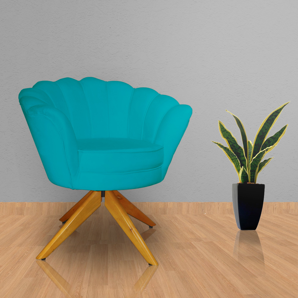 Poltrona Decorativa Pétala Pés Madeira Giratório Suede Azul Turquesa - DS Estofados