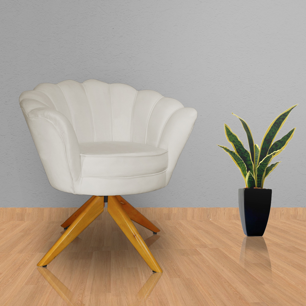 Poltrona Decorativa Pétala Pés Madeira Giratório Suede Bege - DS Estofados
