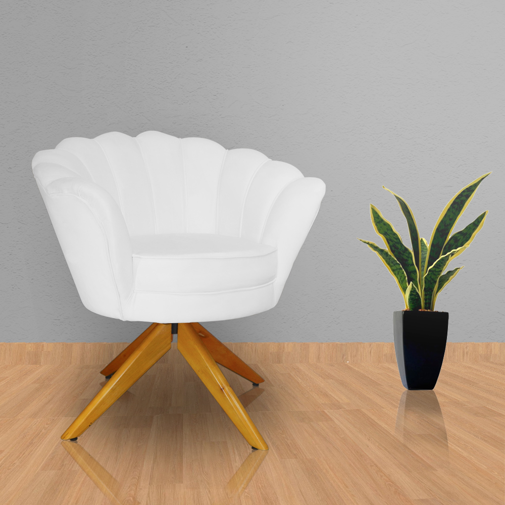 Poltrona Decorativa Pétala Pés Madeira Giratório Suede Branco - DS Estofados