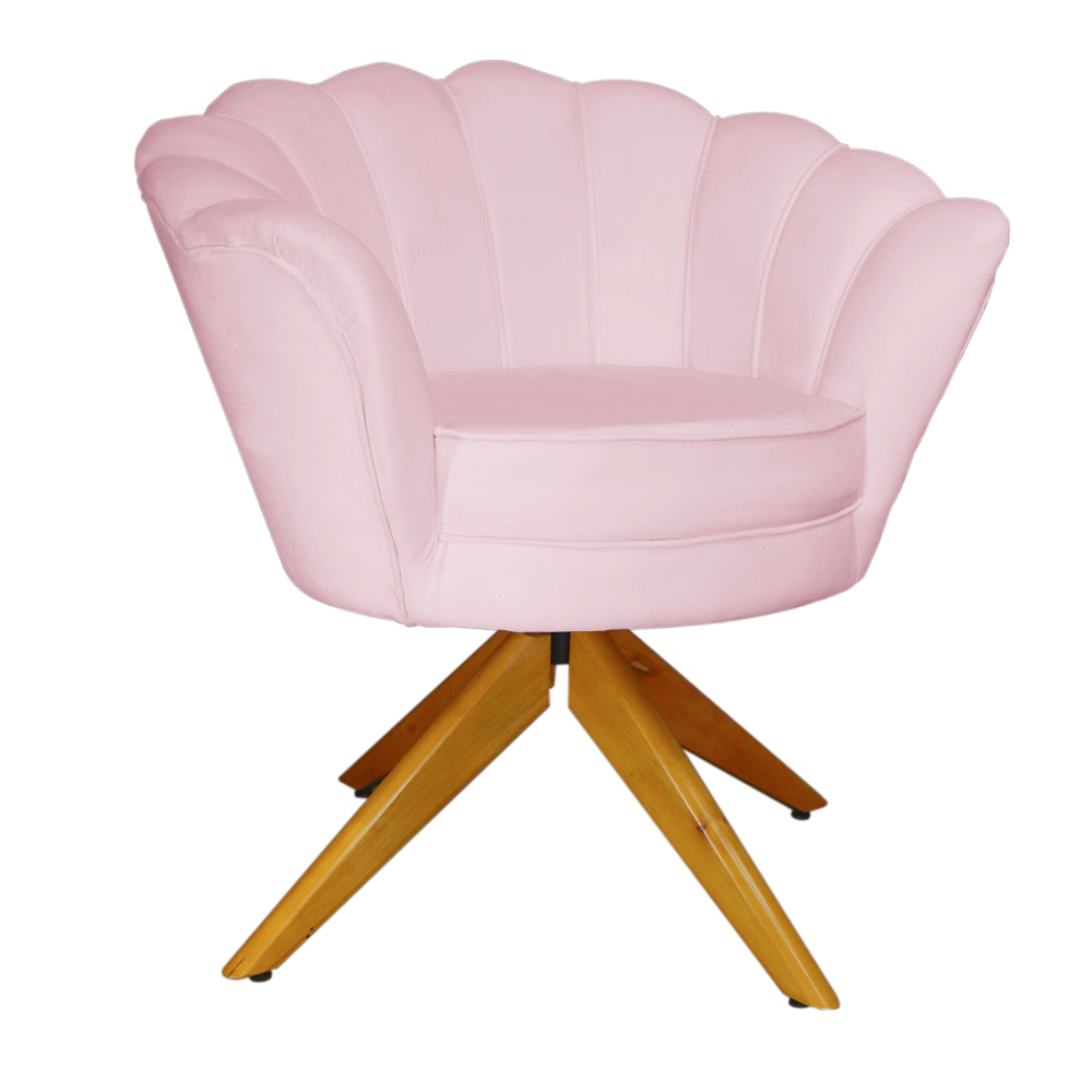 Poltrona Decorativa Pétala Pés Madeira Giratório Suede Rosa Bebê - DS Estofados