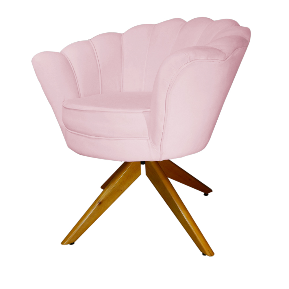 Poltrona Decorativa Pétala Pés Madeira Giratório Suede Rosa Bebê - DS Estofados