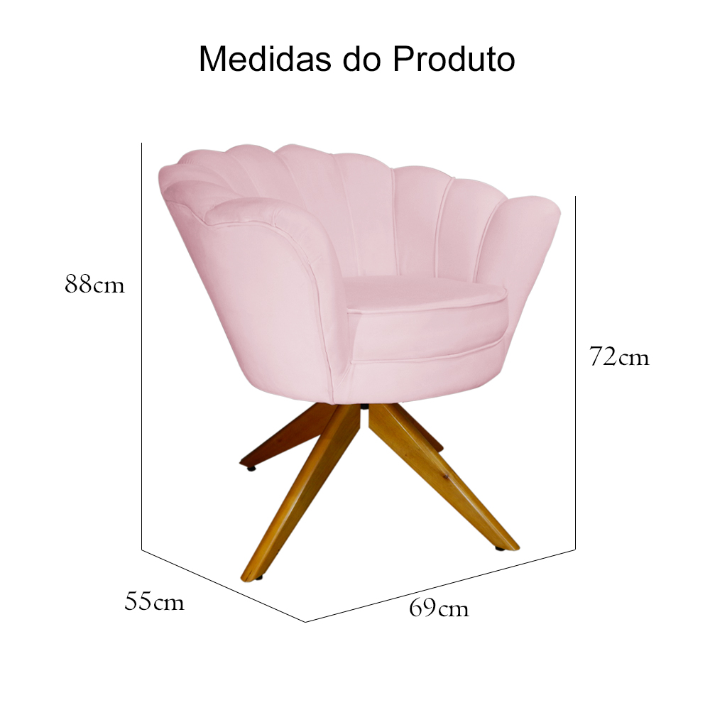 Poltrona Decorativa Pétala Pés Madeira Giratório Suede Rosa Bebê - DS Estofados