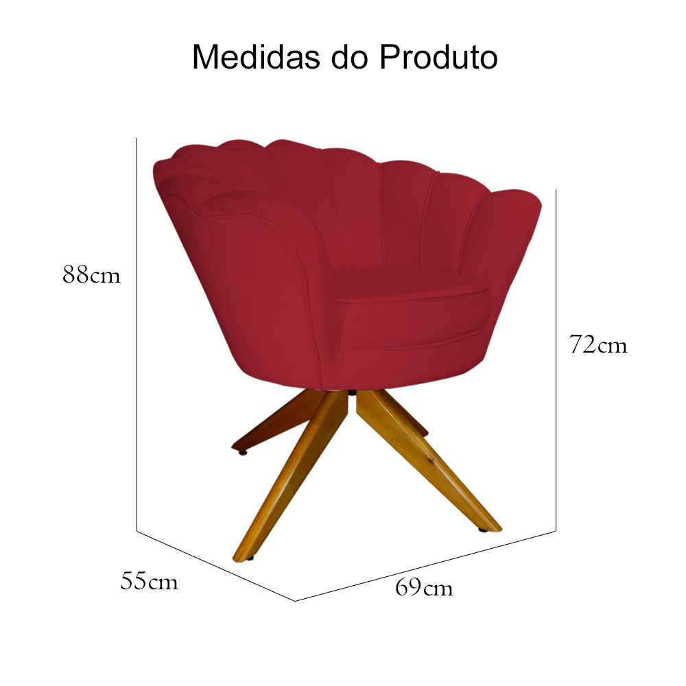 Poltrona Decorativa Pétala Pés Madeira Giratório Suede Vermelho - DS Estofados