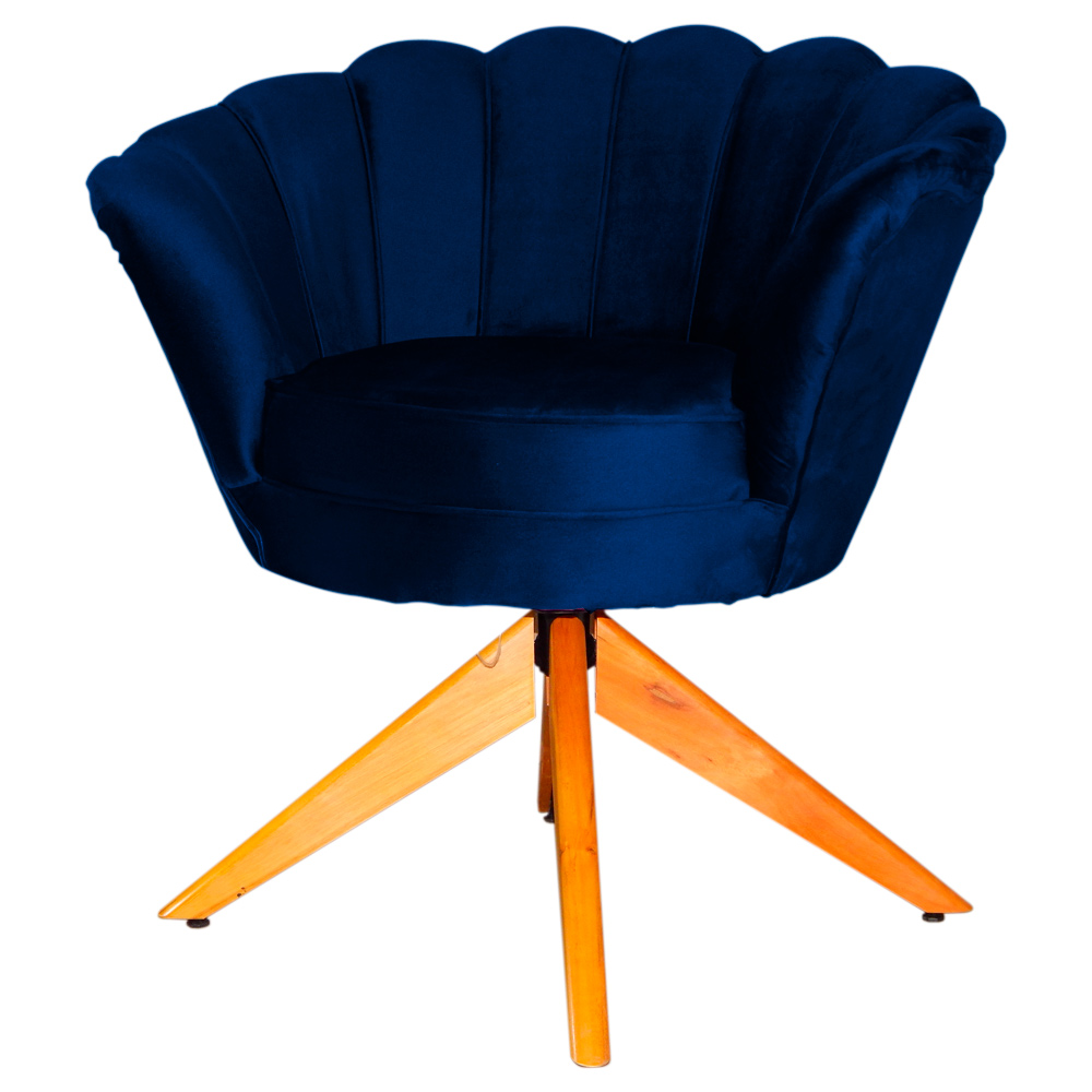 Poltrona Decorativa Pétala Pés Madeira Giratório Veludo Azul Marinho