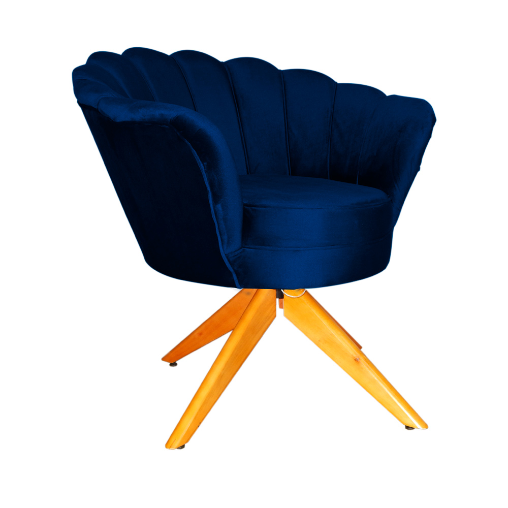 Poltrona Decorativa Pétala Pés Madeira Giratório Veludo Azul Marinho