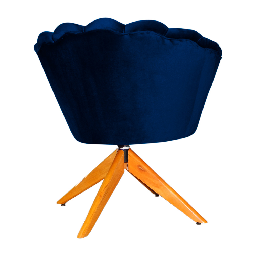 Poltrona Decorativa Pétala Pés Madeira Giratório Veludo Azul Marinho