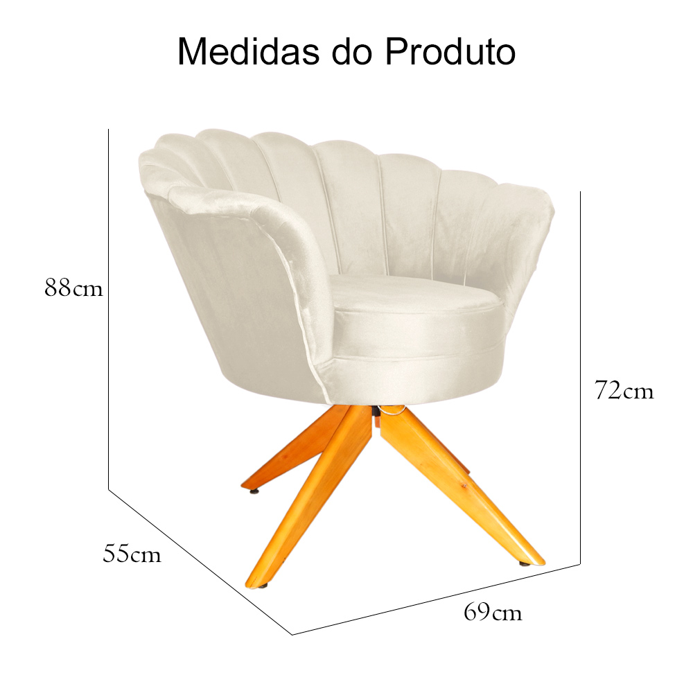 Poltrona Decorativa Pétala Pés Madeira Giratório Veludo Bege