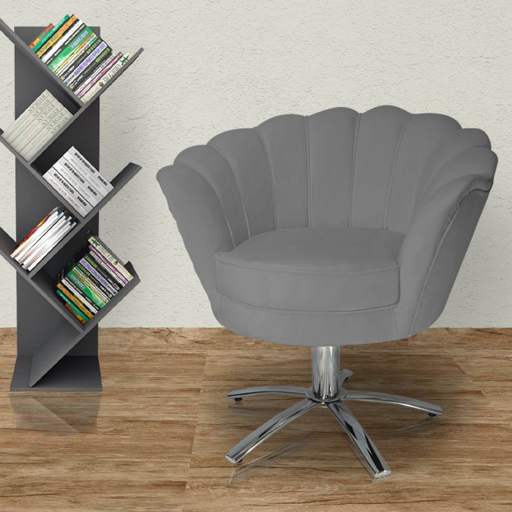 Poltrona Decorativa Pétala Pés Metal Giratório Suede Cinza - DS Estofados