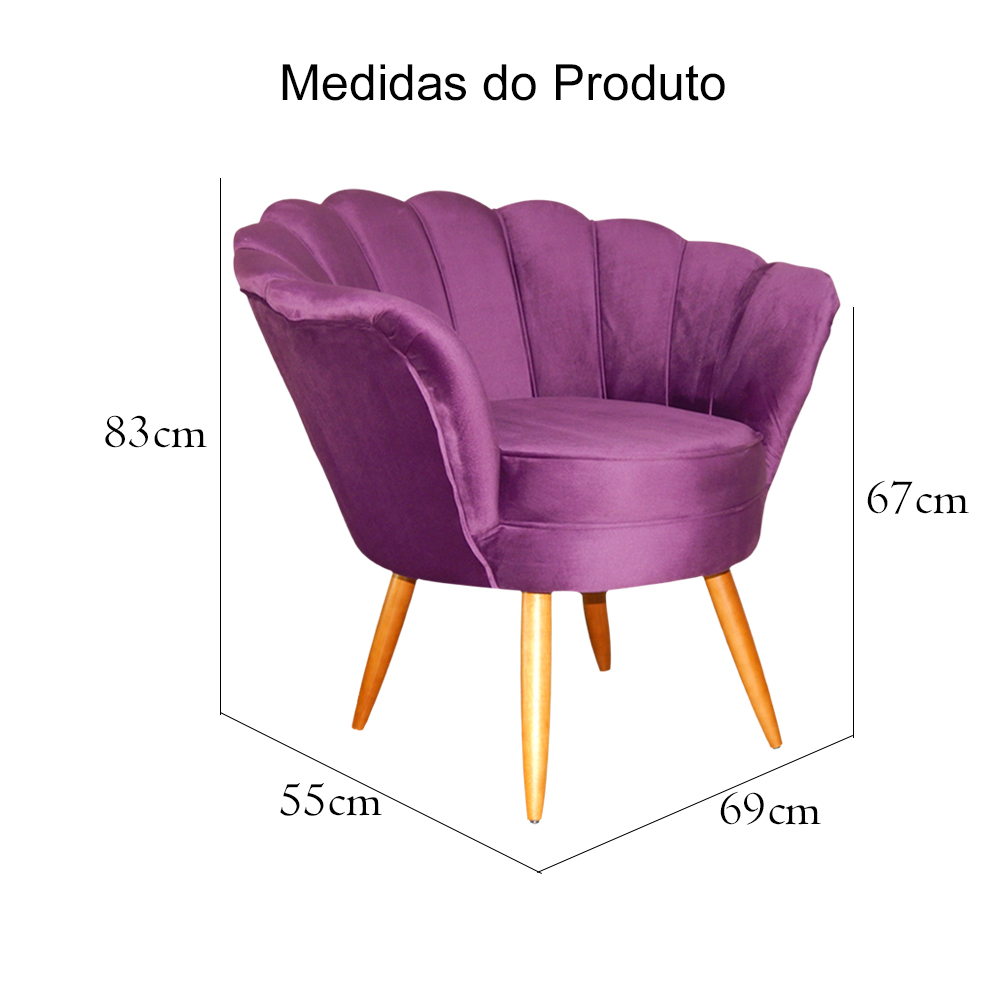 Poltrona Decorativa Pétala Pés Palito Veludo Roxo