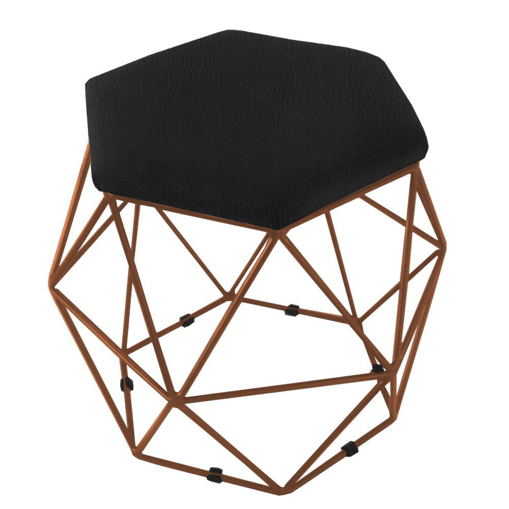 Puff Aramado Bronze Assento Hexagonal Napa Preto - DS Estofados
