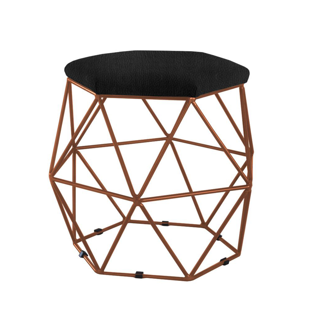 Puff Aramado Bronze Assento Hexagonal Napa Preto - DS Estofados