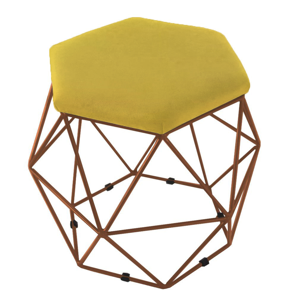 Puff Aramado Preto Assento Hexagonal Suede Amarelo - DS Estofados