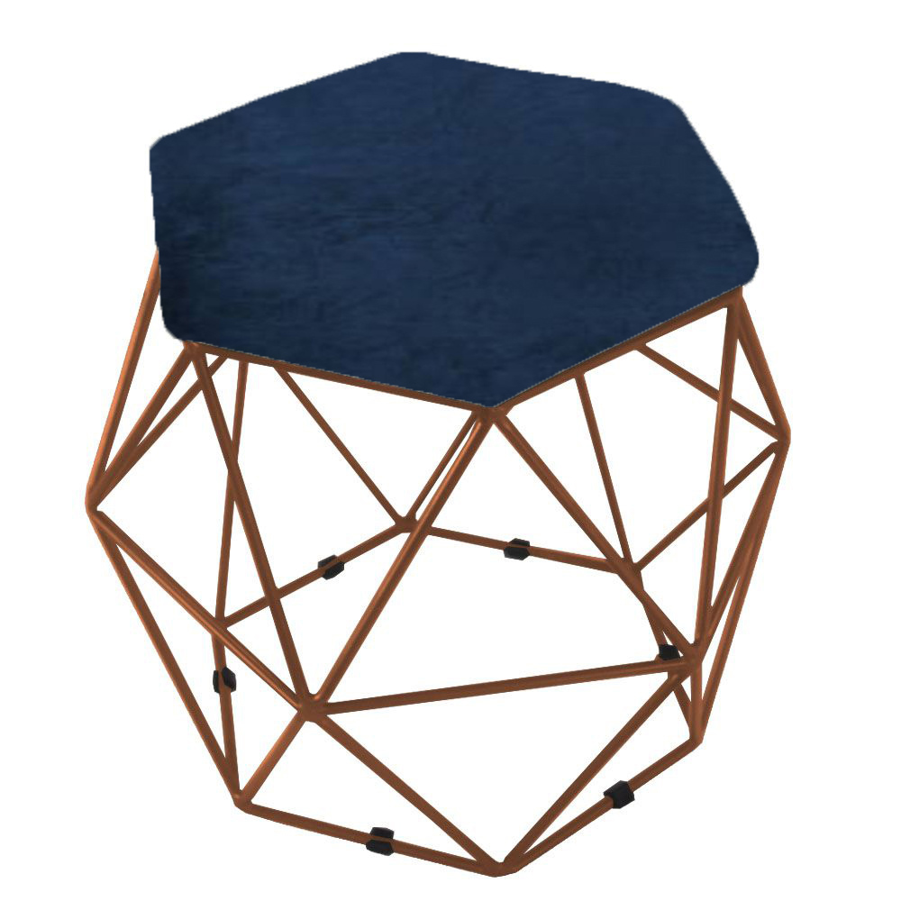 Puff Aramado Preto Assento Hexagonal Suede Azul Marinho - DS Estofados