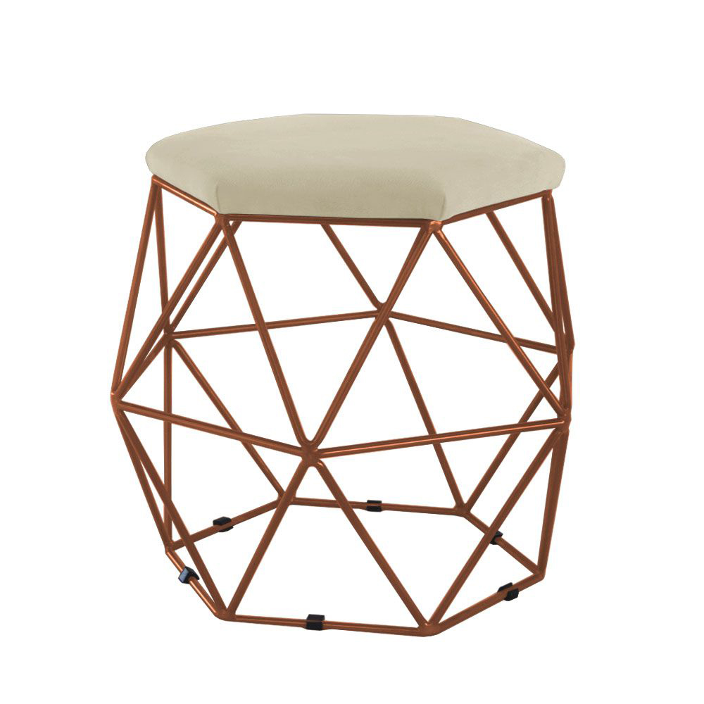 Puff Aramado Preto Assento Hexagonal Suede Bege - DS Estofados