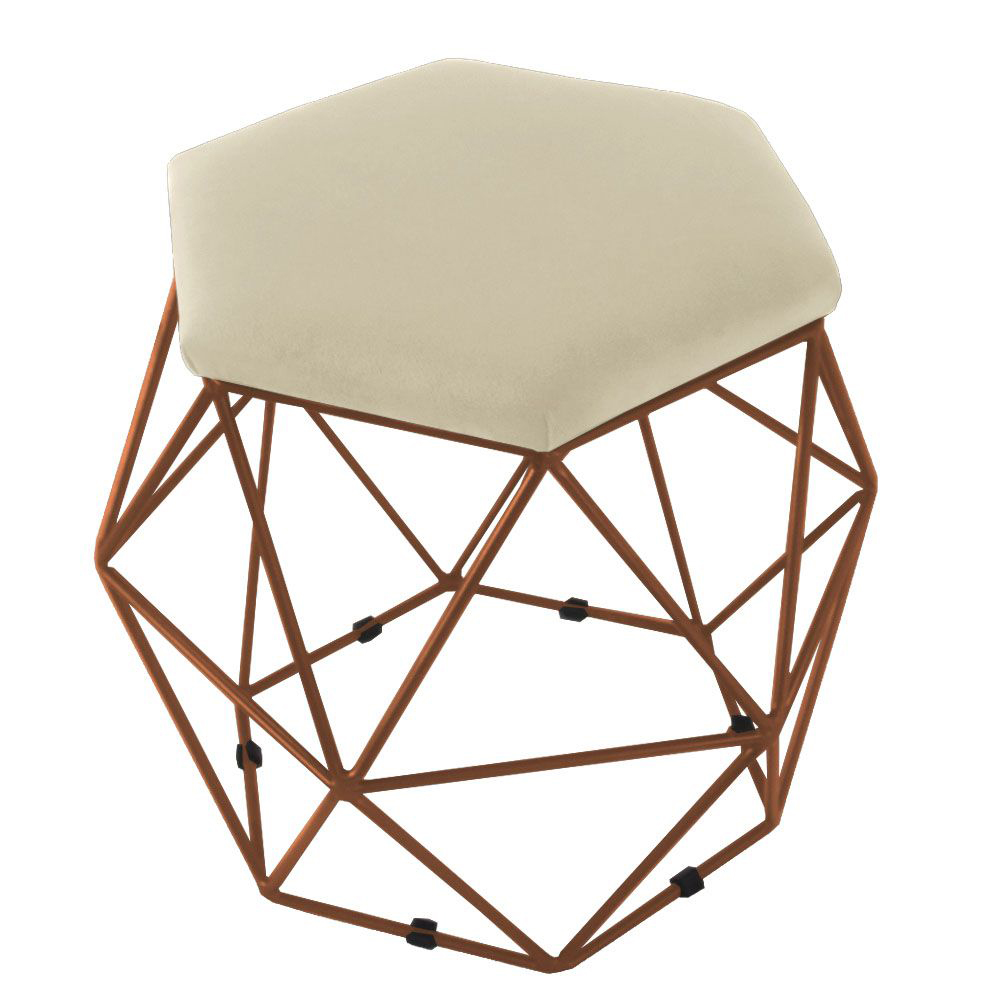 Puff Aramado Preto Assento Hexagonal Suede Bege - DS Estofados